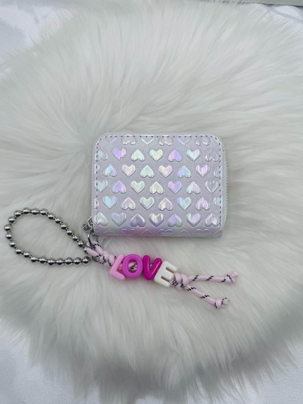 Cute Iridescent Heart Embossed Mini Zip Wallet Coin Purse w/ LOVE Beaded Charm